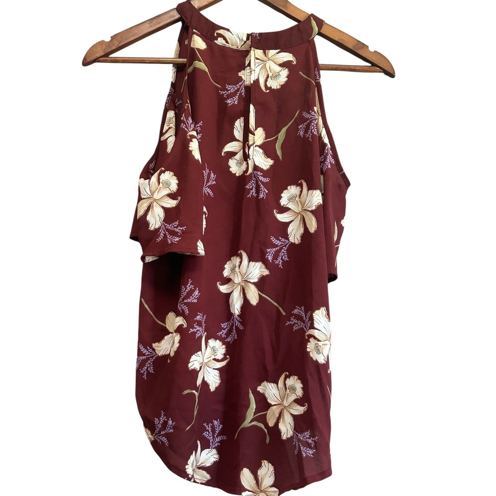 Sienna Sky XS Floral Print Cold Shoulder Halter Top Maroon Blouse